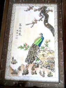 AHNTIQUE/VINTAGE SHELL MOSAID DEPICTING A PEAFOWL HANDGRAFTED PIECE VIBRANT - Picture 1 of 11