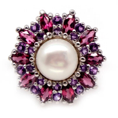 Gemstone White Pearl, Rhodolite & Amethyst Jewelry Ring 925 Silver Size 5.75 - Image 1 of 4
