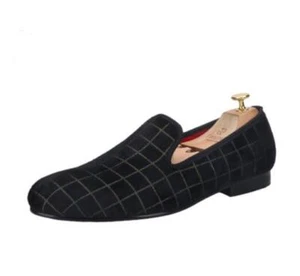 Men's Fashion British Round Toe Plaid Party Slip On Loafers Groom Leather Shoes - Picture 1 of 11