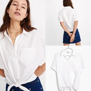 MADEWELL Gr. XXS Relaxed-Fit Kurzarm Hemd mit Bindeband vorne WEISS Style H9920 - Bild 1 von 11