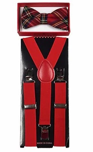 Simple & Elegant Suspender and Bow Tie Set for Boys Girls Children Red Mix Plaid - Picture 1 of 1