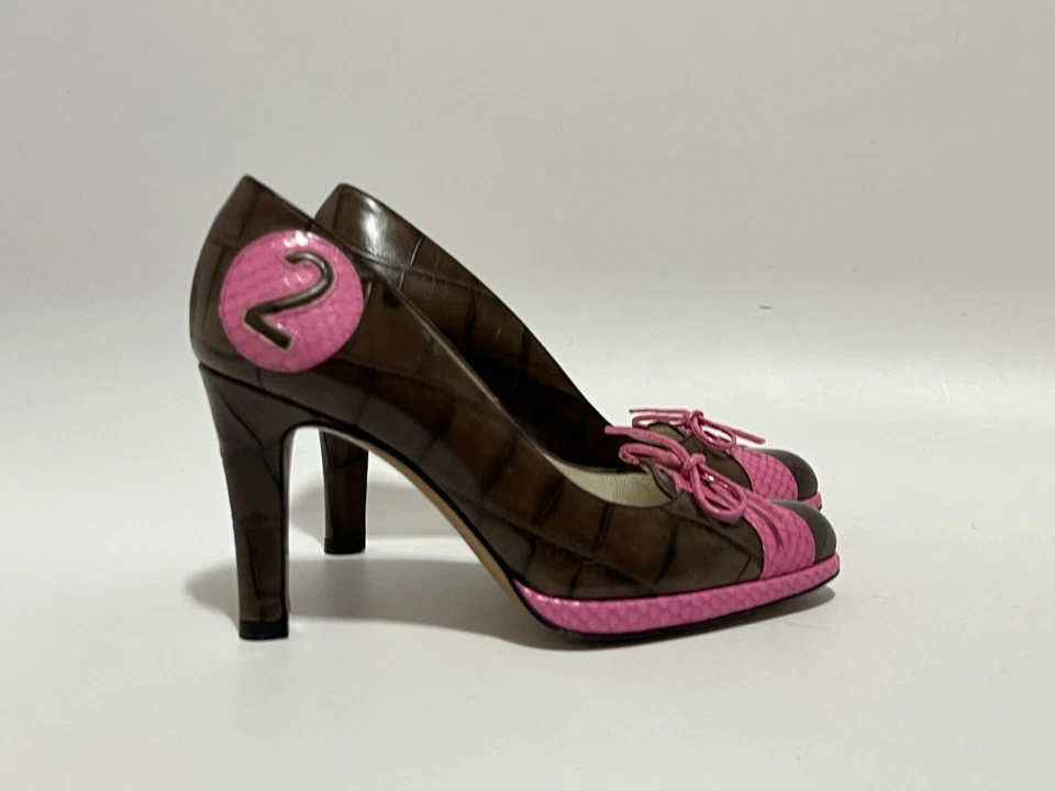 Vtg Christian Dior by John Galliano 2001 Brown Croc Embossed Number Heels 35 - Image 1 of 4