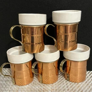 Kupfer Kaffeetassen Tassen mit Keramikeinsätzen Messinggriffe Vintage 5er Set - Bild 1 von 8