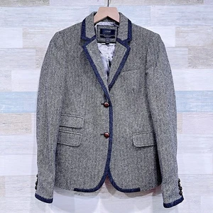 J CREW Tweed Schoolboy Tipped Blazer Gray Herringbone 100% Wool Womens 8 - Picture 1 of 8