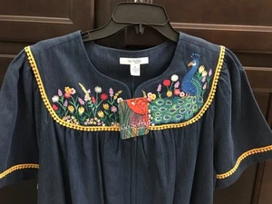 NWT Medium Go Softly Denim Muu Muu Embroidered Patio Dress Peacock Zip Front - Picture 1 of 5