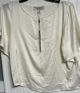 NWT CATHERINE MALANDRINO IVORY BLOUSE TOP SATIN STRETCHY SZ LARGE SHORT SLEEVES - Picture 1 of 4