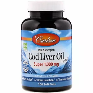 Carlson Labs, Wild Norwegian, Cod Liver Oil Gems, Super, 1000 mg, 100 Soft Gels - Picture 1 of 2