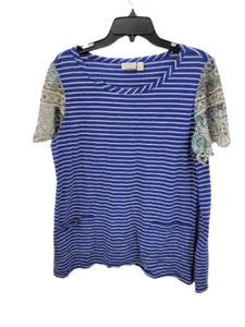 LOGO by Lori Goldstein Top Womens Large Blue Stripe Floral Bell Sleeve Pockets - Picture 1 of 11