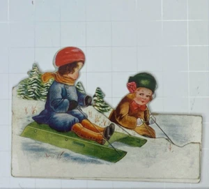 Valentinstag viktorianische gestanzte Grußkarte Kinder Schlitten Winter Kiefer - Bild 1 von 4