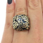 925 Sterling Silver Gold Plated Black Enamel Floral Wide Ring Size 6
