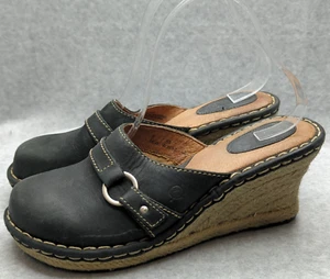 Born Concept BOC Black Leather Wedge Clog Sandal W3558 Women Size 8 - Picture 1 of 12