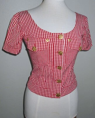 Antigo Moschino Couture Designer Itália Vermelho Gingham Sexy Top Botão Logotipo Dourado ~Tamanho 4/6 - Imagem 1 de 4