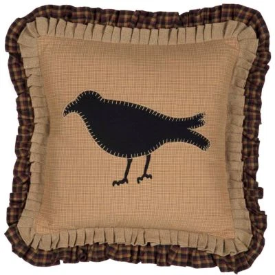 18" Primitive Crow Pillow Burgundy Plaid & Burlap Layered Ruffle Whipstitch Trim - Image 1 of 4