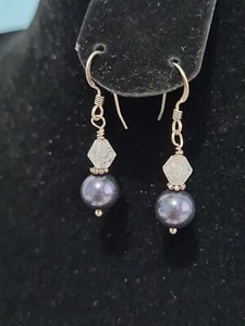 Sterling silver drop earrings with peacock blue shell pearl and crackled quartz. - Picture 1 of 3