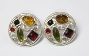 Round Multicolor Stones Sterling Silver Post Earrings - Picture 1 of 5