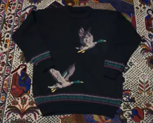 Vintage Charter Club Wool Knit Ducks Birds Sweater Black Womens Petite Sz S/M - Picture 1 of 7