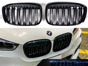 FOR 2016 2017 2018 BMW F48 X1 SUV DOUBLE SLANT GLOSSY PIANO BLACK FRONT GRILLE - Picture 1 of 4