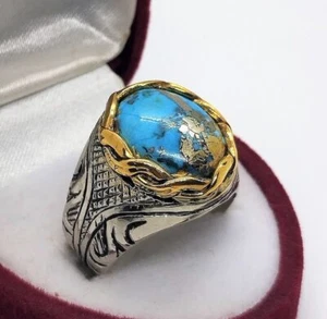 Natural Oval Shape Shajri Turquoise Men's Handmade Ring 925 Sterling Silver Ring
