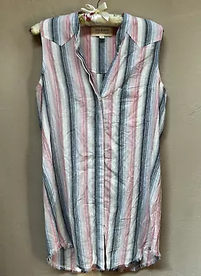 Vestido camisero pequeño Cloth & Stone para mujer multicolor a rayas sin mangas mezcla de lino Foto 1 de 4