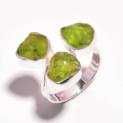 925 Sterling Silver Ring Raw Peridot Three-Stone Ring Adjustable RSR2262 - Image 1 of 3