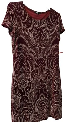 Jump Apparel Mini Dress Lg Stretch Art Deco Wine W/ Gold Glitter NWT Holiday  - Image 1 of 4