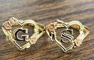 10K Solid Yellow & Rose Gold Alphabet Initial Heart Rings, All Sizes