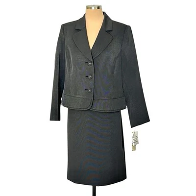 Kasper Suit Jacket Skirt Size 14P Printed Swiss Dot Black White Peplum Buttons - Image 1 of 4