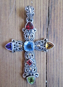 Cross Pendant Indonesia 18k Gold Sterling Silver Gemstone Suarti Aquamarine - Picture 1 of 6