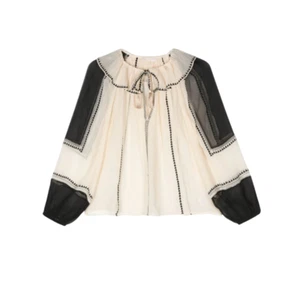 Ulla Johnson Lenore Blouse Top Shirt Womens 16 Cream Black Long Sleeve Silk Boho - Picture 1 of 11