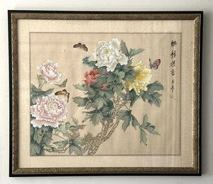 Large Chinese Republic Period Framed Painting Butterfly Peony Ink on Silk 27x24” - Picture 1 of 4