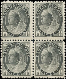 Canada Mint H/NH F+ 1/2c Scott #74 Block of 4 1898 QV Numeral Stamps - Bild 1 von 2