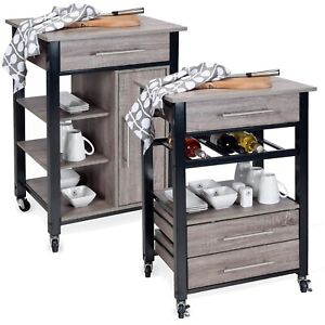 Wooden Metal Rolling Kitchen Serving Trolley Storage Cupboard Drawers Drink Cart