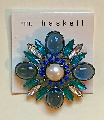 M. Haskell Faux Pearl Sparkly Blue Green Rhinestone Brooch - Image 1 of 4