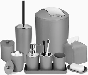 Grey Bathroom Accessories Set, 10Pcs Bathroom Accessory Set with Trash Can, Soap - Picture 1 of 12