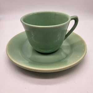 Vintage Bauer Los Angeles Pottery Jade Green Plainware Tea Coffee Cup & Saucer  - Picture 1 of 12
