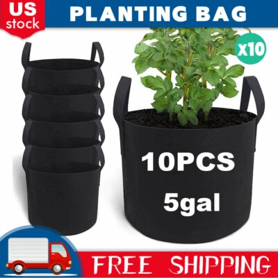 10 Pack 5 Gallon Plant Grow Bags Fabric Pot Nursery Soil Nonwoven w/ Handle USA - Image 1 of 4