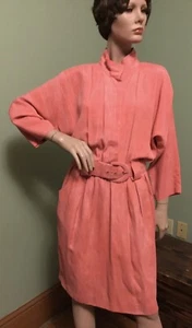 Vintage 1980s Impressions Coral Rayon Blend Dolman Sleeve Dress w/Belt - Picture 1 of 10