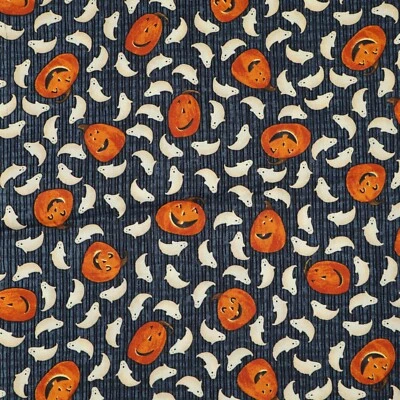 Debbie Mumm Ghosts Pumpkins Jack-O-Lantern on Blue Black Halloween Fabric Toss - Image 1 of 4
