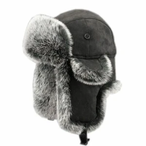 Men Trapper Hat Warm Cap Ski Ushanka Russian Cossack Faux Fur Suede Leather Soft - Picture 1 of 9