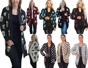 Damen-Strickjacke vorne offen Totenkopf-Print Damen Herzmuster Strickcardigan - Bild 1 von 24