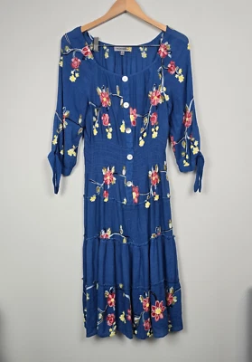 Figueroa & Flower 蓝色刺绣波西米亚连衣裙 L 纽扣前层 Cottagecore — 第 1/4 张图片