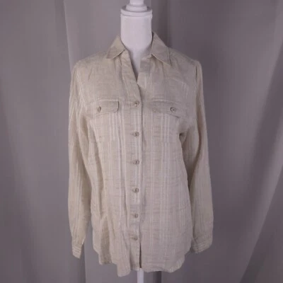 女士上衣小号米色亚麻条纹衬衫 Scandi Quiet 豪华极简主义者 — 第 1/4 张图片