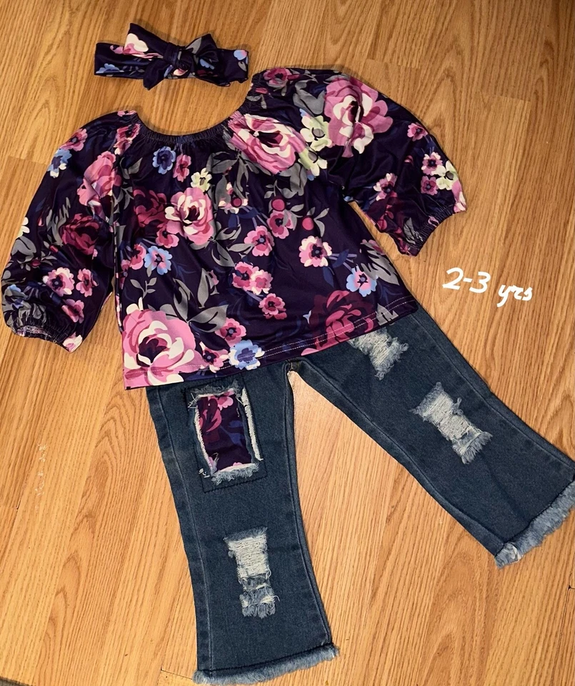 niño niña tres piezas estampado de flores top con pantalones vaqueros rasgados 2/3 años  Foto 1 de 1