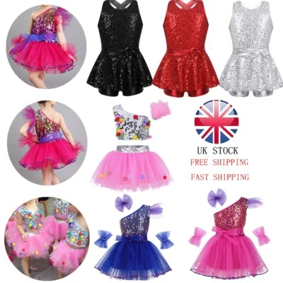  Girls Jazz Hip Hop Dance Dress Kids Sequins Outfit Leotard Dancewear Costume - Image 1 of 2