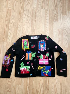 Suéter De Colección Michael Simon Abotonado Bordado y Cuentas Grinch Feliz Navidad Talla S - Imagen 1 de 9