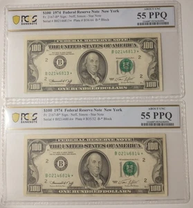 1974- $100 Dollar Bills- 2 Sequential ⭐ Note Serial #s-  PCGS 55PPQ-rare! - Picture 1 of 2
