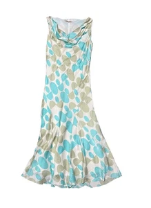 Vintage Y2K Silk Cowl Neck Dress 8 Satin Slinky Midi Flared Blue Green Print - Picture 1 of 7