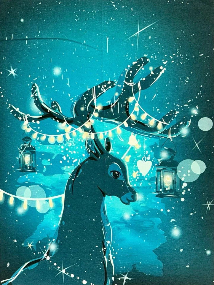 Stoff Sommersweat Panel süßer Hirsch Reh Lichterkette Weihnachten Kinderstoff - Bild 1 von 1