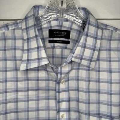 Camisa de trabalho Nordstrom masculina tamanho 16.5 36-37 acabamento manga longa azul branca com botões - Imagem 1 de 4