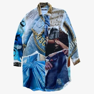 Vintage Y2K Women's Moschino Couture Abstract Print Blue Shirt Dress, Retro 90s - Picture 1 of 12